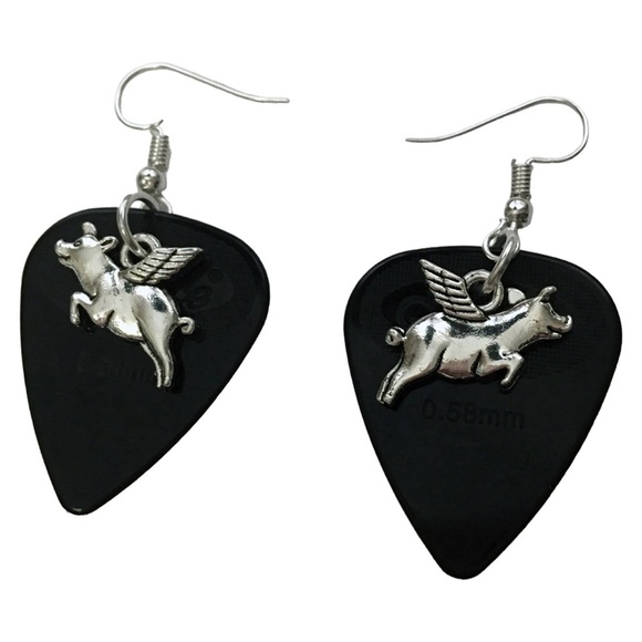 𝅺HAND Crafted Drop Earrings When Pigs Can Fly Repurposed Guitar Picks - Picture 1 of 6